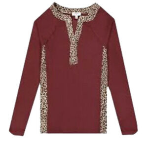 Umgee Burgundy Long Sleeve Thermal Top with Leopard Print Trim - L